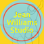 yellow, blue and green Jean Williams Studio logo with outline style dancing ladies wire sculpture at center