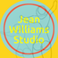 yellow, blue and green Jean Williams Studio logo with outline style dancing ladies wire sculpture at center 
