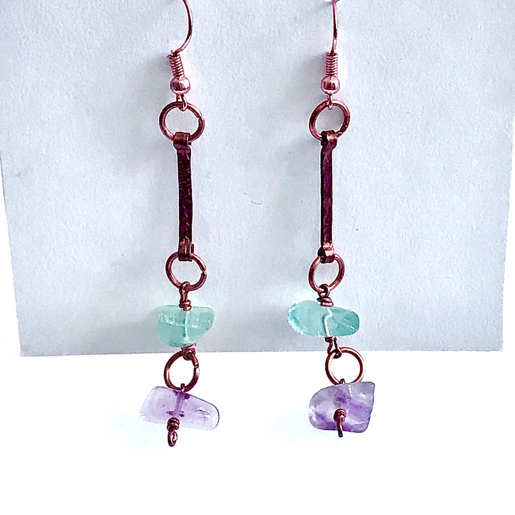 drop style copper earrings with purple and green fluorite beads 