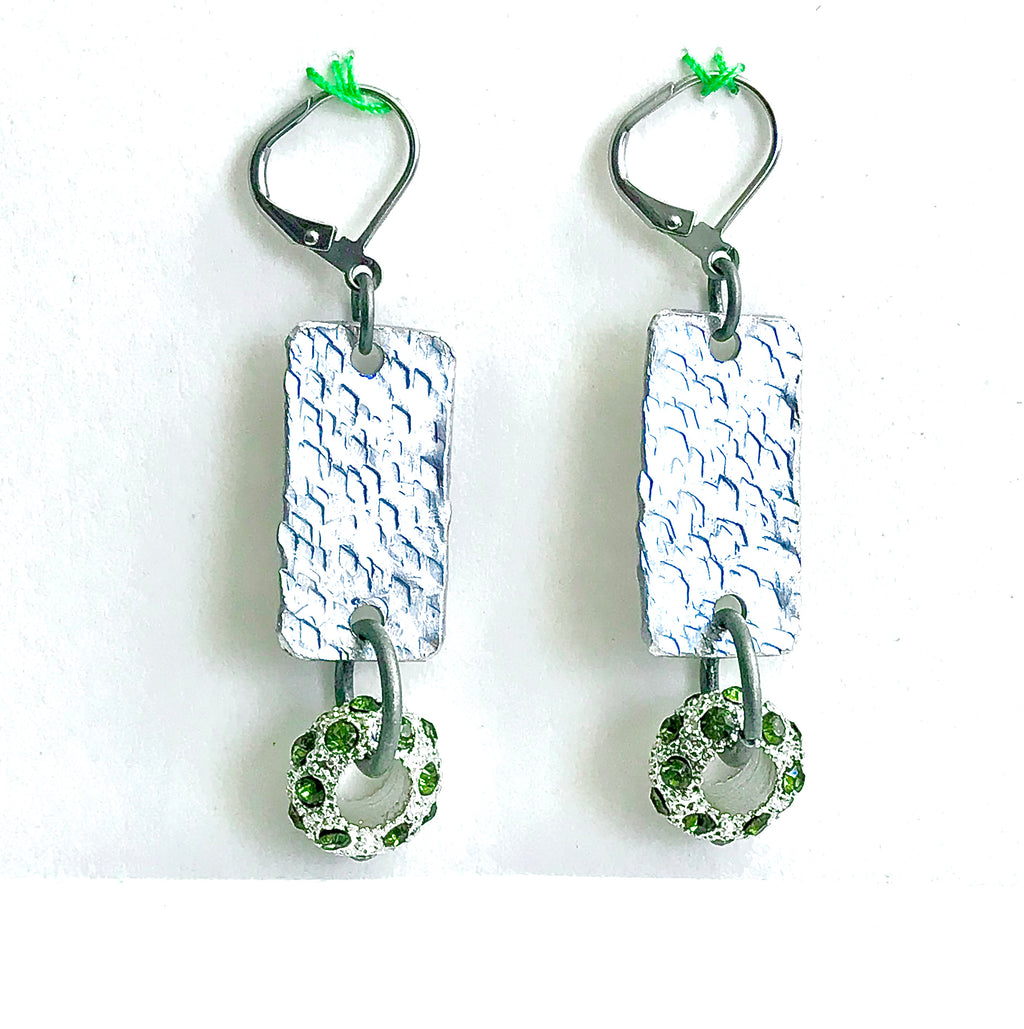 hammered aluminum earrings with crystal studded rondelle beads